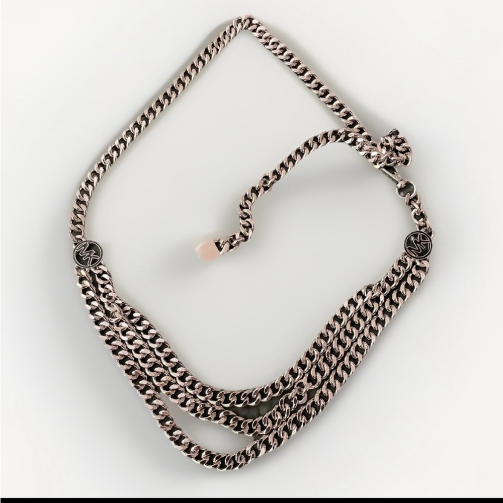 Michael Kors Triple Chain Belt Silver Heavy Layered MK Logo Statement Waist Belt